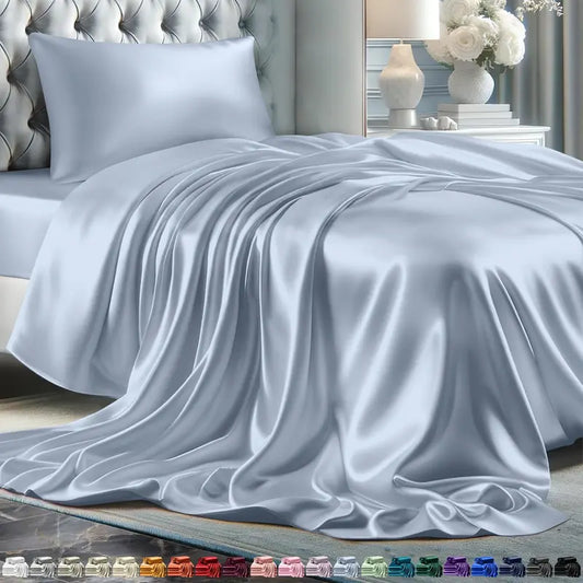 DECOLURE 4-Piece Satin Bed Sheet Set - Silky Fitted Sheet, Hypoallergenic, Double Stitched, Wrinkle-Free, 15" Deep Pockets, Elastic Edges for Secure Fit, Luxuriously Soft Bedding
