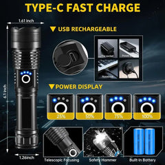 【SummerVibes】2PACKS High Lumen Rechargeable LED Flashlights Ultra-Bright Flashlights 5 Modes With COB Light Tactical Accessories,Zoom-able Torch Handheld Flashlight,For Outdoor Emergency Signaling Backyard BBQ Adjust Brightness Labor Day spotlight