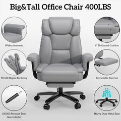 400 lbs Big & Tall Reclining Office Chair with Footrest – High Back Gray Desk Chair