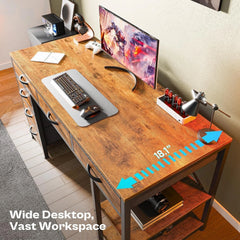 47" Rustic Brown Computer Desk with 6 Drawers & Shelves – Home Office & Gaming Desk