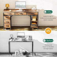 47" Rustic Brown Computer Desk with 6 Drawers & Shelves – Home Office & Gaming Desk