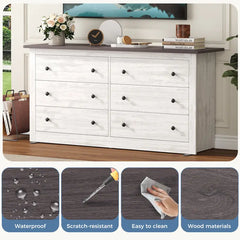 59in Wood Dresser 6 Drawer Storage Cabinet Vintage Dresser Chest of Drawers for Bedroom and Living Room
