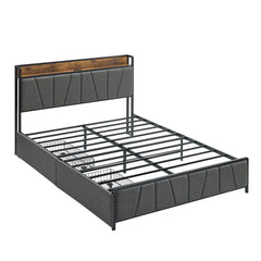 Lit double Garvee avec tête de lit de rangement et 2 tiroirs, cadre de lit plateforme rembourré en lin avec station de recharge, robuste, pas besoin de sommier tapissier, montage facile, silencieux, gris