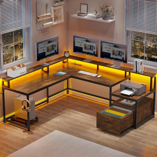 66" L Shaped Computer Desk with LED Light & Power Outlet – Home Office Corner Desk