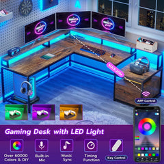 66" L Shaped Computer Desk with LED Light & Power Outlet – Home Office Corner Desk