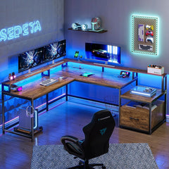66" L Shaped Computer Desk with LED Light & Power Outlet – Home Office Corner Desk
