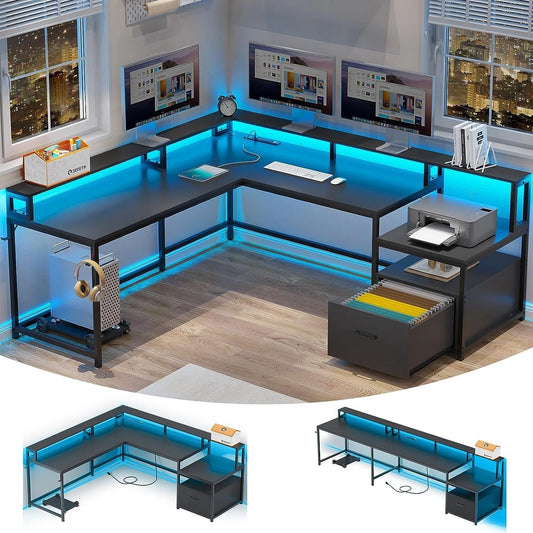 66" L Shaped Computer Desk with LED Lights & Power Outlet – Home Office Corner Desk