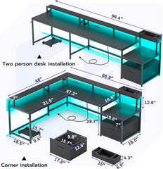66" L Shaped Computer Desk with LED Lights & Power Outlet – Home Office Corner Desk