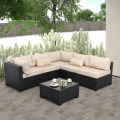 Rattaner Patio Sectional 6 Pieces All-Weather Wicker Patio Furniture Set Outdoor Sectional with Glass Table Non-Slip Cushions and Waterproof Cover, Khaki
