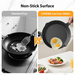 LOVEWE 3-Piece Cast Iron Skillet Set, Pre-Seasoned Frying Pans, Nonstick & Ergonomic Handles-Oven, Grill, Campfire, Indution, Stove Safe-Easy to Use Cookware outdoorfun