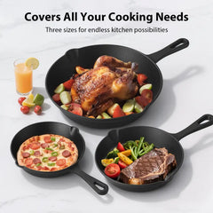 LOVEWE 3-Piece Cast Iron Skillet Set, Pre-Seasoned Frying Pans, Nonstick & Ergonomic Handles-Oven, Grill, Campfire, Indution, Stove Safe-Easy to Use Cookware outdoorfun