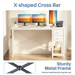 Computer PC Desk - Home Office Workstation with Drawers, X-Shaped Reinforcement, Sturdy Metal Frame, Side Hook, Modern Study Table
