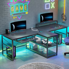 94.5" Long Two Person Computer Desk with LED Lights – Home Office Work Desk