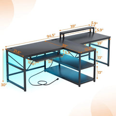 94.5" Long Two Person Computer Desk with LED Lights – Home Office Work Desk