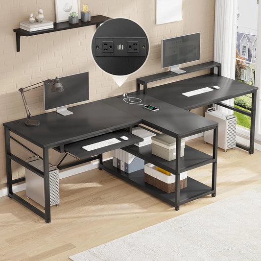 94.5" Long Two Person Computer Desk with LED Lights – Home Office Work Desk