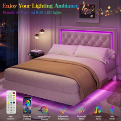 Garvee Floating Queen Platform Bed Frame with Smart LED Lights, Modern Upholstered Diamond Headboard, Sturdy Wood Slats, Noise-Free Design, Easy Assembly, Durable Bedroom Furniture