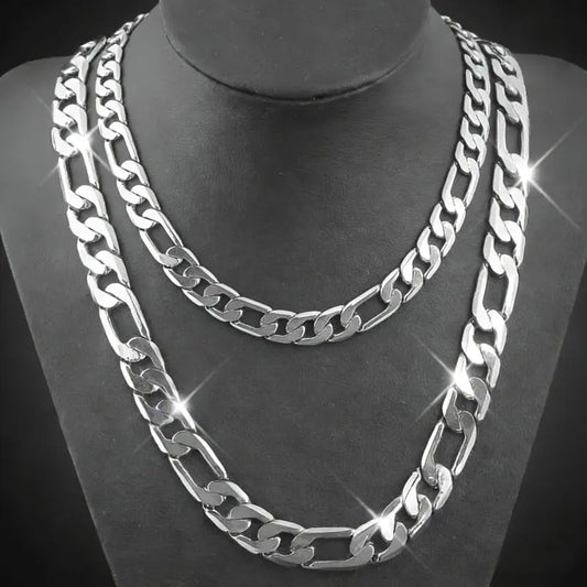 Men's Stainless Steel Figaro Chain Necklace Set, 12MM Polished Silver Tone Cuban Link Curb Chain Necklaces, Hip Hop Rapper Style Chunky Thick Chain Jewelry,925 Silver Plated Stylish ,For Men Women Daily Wear, Valentine's Day Birthday Gift