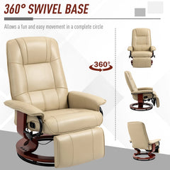 Cream White Air Leather Manual Swivel Recliner Chair with Wooden Base