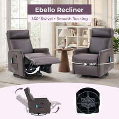 EBELLO Swivel Rocker Recliner Chair with Massage & Heat, PU Leather Manual Recliner