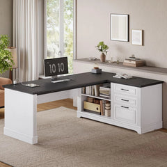 Farmhouse 61 L-Shaped Executive Computer Desk with Storage Shelves – Home Office Desk