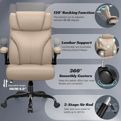 Khaki Ergonomic Executive Office Chair – Tall Breathable Leather Computer Desk Chair