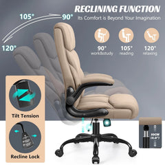 Khaki Ergonomic Executive Office Chair – Tall Breathable Leather Computer Desk Chair
