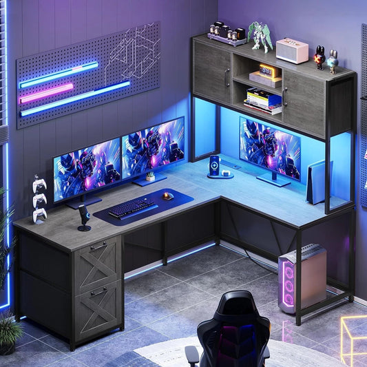 L Shaped Computer Desk with LED Lights, Hutch & Power Outlet – Home Office Desk