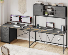 L Shaped Computer Desk with LED Lights, Hutch & Power Outlet – Home Office Desk