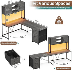 L Shaped Computer Desk with LED Lights, Hutch & Power Outlet – Home Office Desk