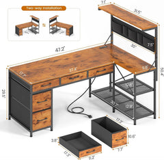 L Shaped Reversible Computer Desk with 5 Drawers & Storage Shelves – Home Office Desk