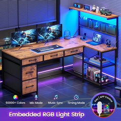 L Shaped Reversible Computer Desk with 5 Drawers & Storage Shelves – Home Office Desk