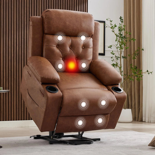 Oversized Power Lift Recliner Chair with Heat & Massage, Electric PU Leather Recliner
