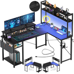 Reversible L Shaped Computer Gaming Desk with LED Lights & Power Outlets – Home Office Desk