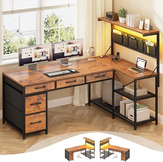 Reversible L Shaped Corner Computer Desk with 5 Drawers & LED Lights – Home Office Gaming Desk