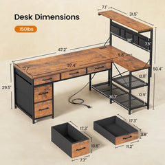 Reversible L Shaped Corner Computer Desk with 5 Drawers & LED Lights – Home Office Gaming Desk