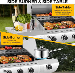 Gasgrill für Außenbereich mit 34.000 BTU Leistung, 3 Hauptbrennern und einem Seitenbrenner, komplett aus Edelstahl, Gusseisen-Roste, fahrbarer Wagen mit Rollen, perfekt für Grillabende im Garten, auf der Terrasse und beim Camping