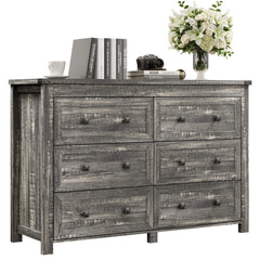 59in Wood Dresser 6 Drawer Storage Cabinet Vintage Dresser Chest of Drawers for Bedroom and Living Room