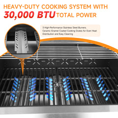 3-Burner Propane Gas Grill with Warming Rack, 30,000 BTU Outdoor BBQ Grill, Foldable Side Tables, Tool Hooks & Easy-Roll Wheels