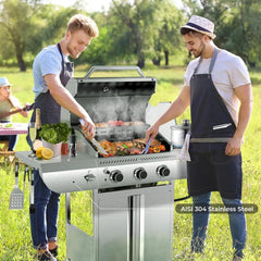 Gasgrill für Außenbereich mit 34.000 BTU Leistung, 3 Hauptbrennern und einem Seitenbrenner, komplett aus Edelstahl, Gusseisen-Roste, fahrbarer Wagen mit Rollen, perfekt für Grillabende im Garten, auf der Terrasse und beim Camping