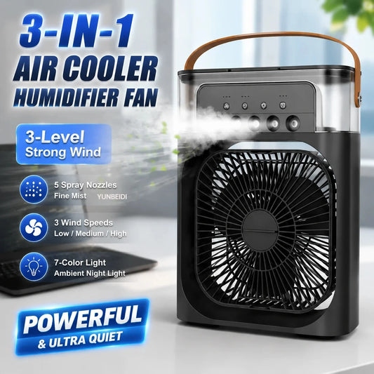 Three-in-one Fan Air Conditioner LED Light Portable Humidifier Air Conditioner Fan 3/4 Wind Speed Outdoor Travel Water Spray Fan