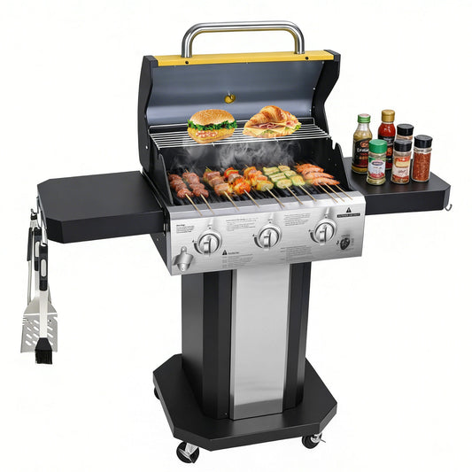 3-Burner Propane Gas Grill with Warming Rack, 30,000 BTU Outdoor BBQ Grill, Foldable Side Tables, Tool Hooks & Easy-Roll Wheels