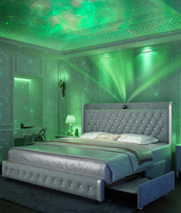 GEGOFORU Queen LED-Bettrahmen mit Galaxy-Projektor, Bluetooth-Lautsprecher, USB-Anschlüssen, 4 Schubladen, kein Boxspringbett erforderlich, PU Schwarz