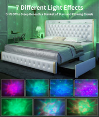 GEGOFORU Queen LED-Bettrahmen mit Galaxy-Projektor, Bluetooth-Lautsprecher, USB-Anschlüssen, 4 Schubladen, kein Boxspringbett erforderlich, PU Schwarz