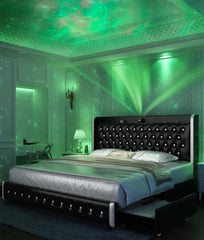 GEGOFORU Queen LED-Bettrahmen mit Galaxy-Projektor, Bluetooth-Lautsprecher, USB-Anschlüssen, 4 Schubladen, kein Boxspringbett erforderlich, PU Schwarz