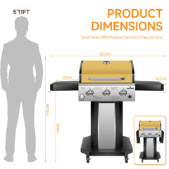 3-Burner Propane Gas Grill with Warming Rack, 30,000 BTU Outdoor BBQ Grill, Foldable Side Tables, Tool Hooks & Easy-Roll Wheels