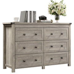 59in Wood Dresser 6 Drawer Storage Cabinet Vintage Dresser Chest of Drawers for Bedroom and Living Room