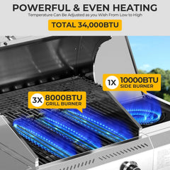Gasgrill für Außenbereich mit 34.000 BTU Leistung, 3 Hauptbrennern und einem Seitenbrenner, komplett aus Edelstahl, Gusseisen-Roste, fahrbarer Wagen mit Rollen, perfekt für Grillabende im Garten, auf der Terrasse und beim Camping