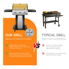 3-Burner Propane Gas Grill with Warming Rack, 30,000 BTU Outdoor BBQ Grill, Foldable Side Tables, Tool Hooks & Easy-Roll Wheels