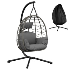 Foldable Rattan Swing Egg Chair With Metal Stand Indoor Outdoor Hanging Hammock Chair Weatherproof Patio Garden Furniture