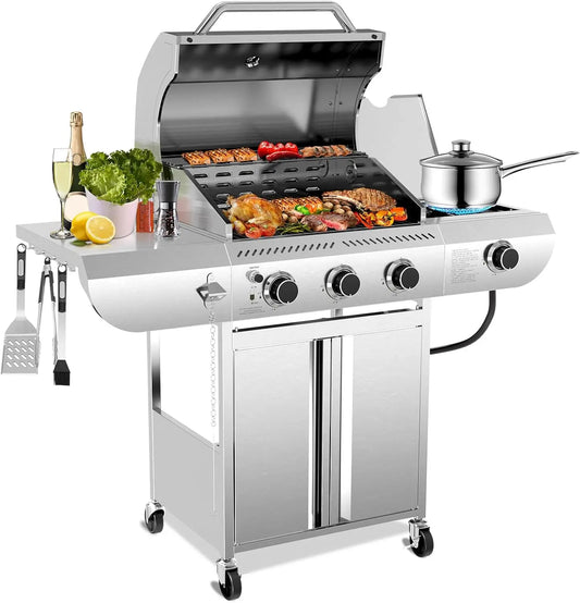 Outdoor Propane Gas Grill with 34,000 BTU Output, 3 Main Burners and a Side Burner, All Stainless Steel Construction, Cast Iron Cooking Grates, Portable Cart with Wheels, Perfect for Backyard, Patio, and Camping Barbecues